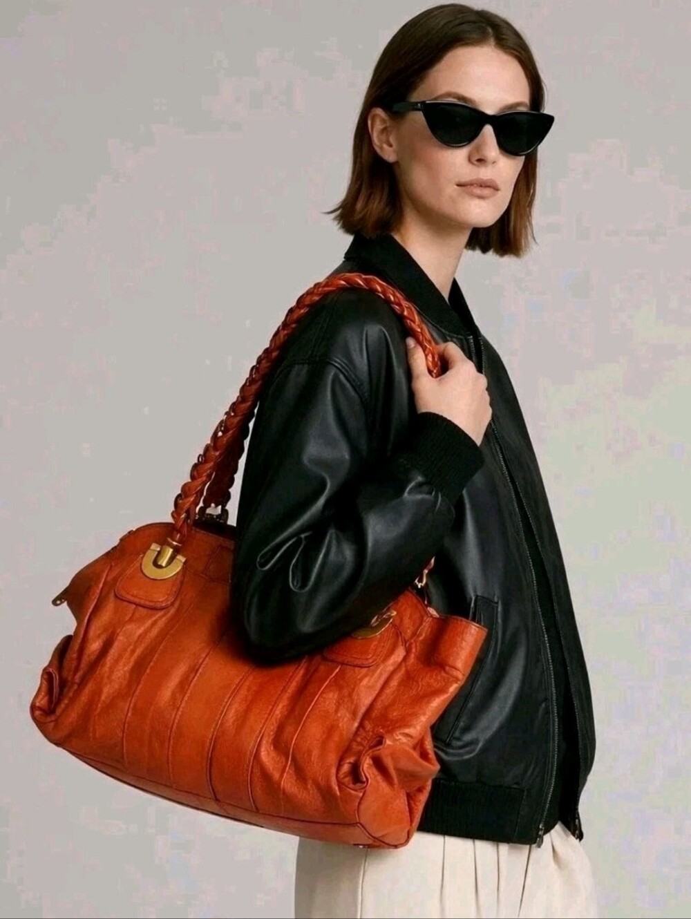 Authentic Chloé Heloise Satchel Red Leather Braided Handles Bag Handbag Italy